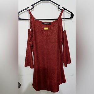 Red glittery gold off the shoulder shirt
